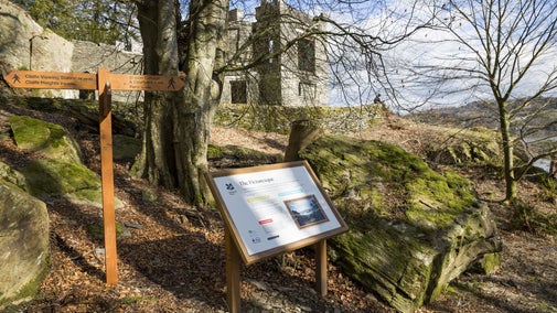 Image showing signpost with Claife Viewing Station at Windermere West Shore Cumbria in the background